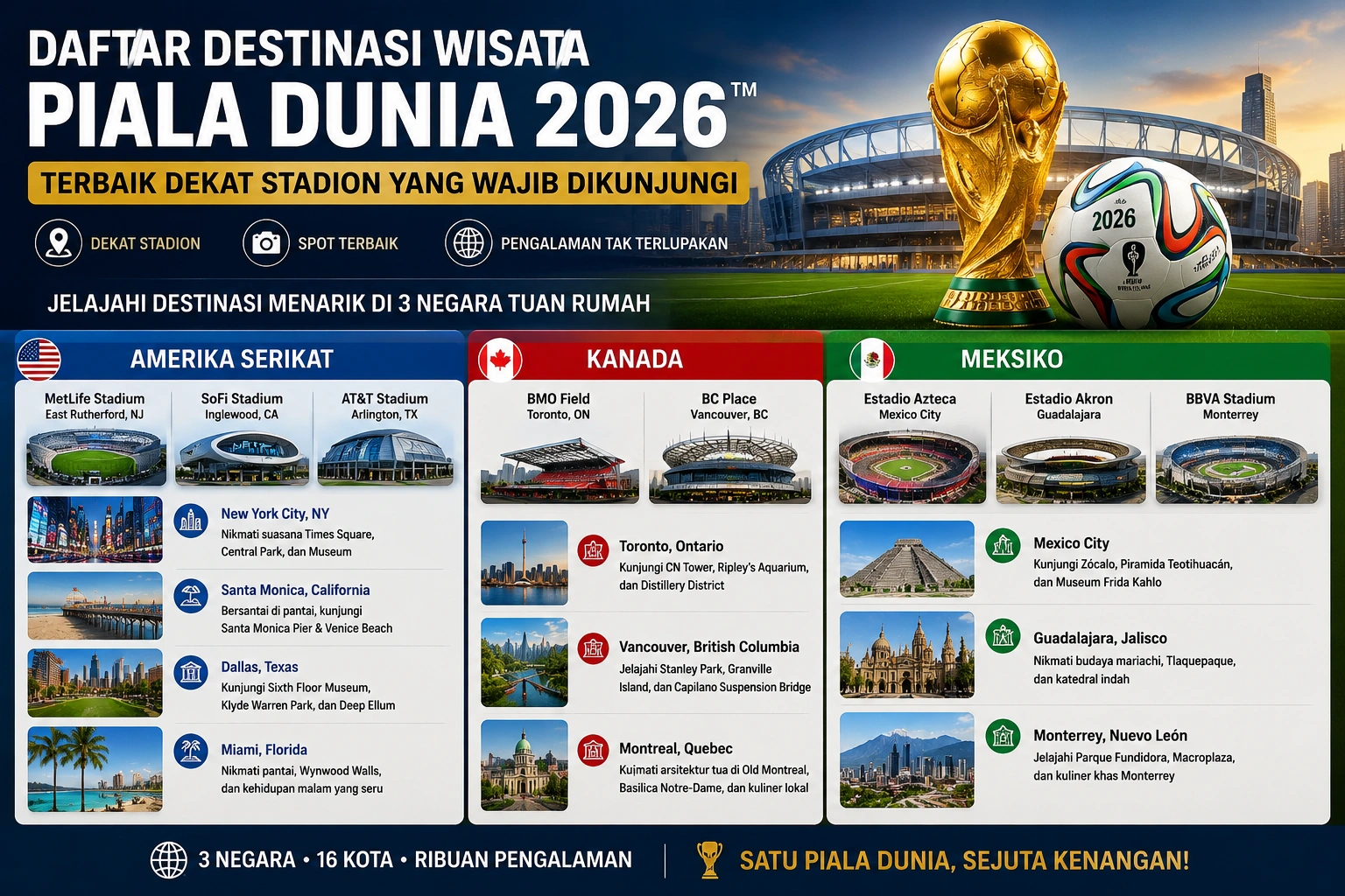 Daftar Destinasi Wisata Piala Dunia 2026 Terbaik Dekat Stadion yang Wajib Dikunjungi