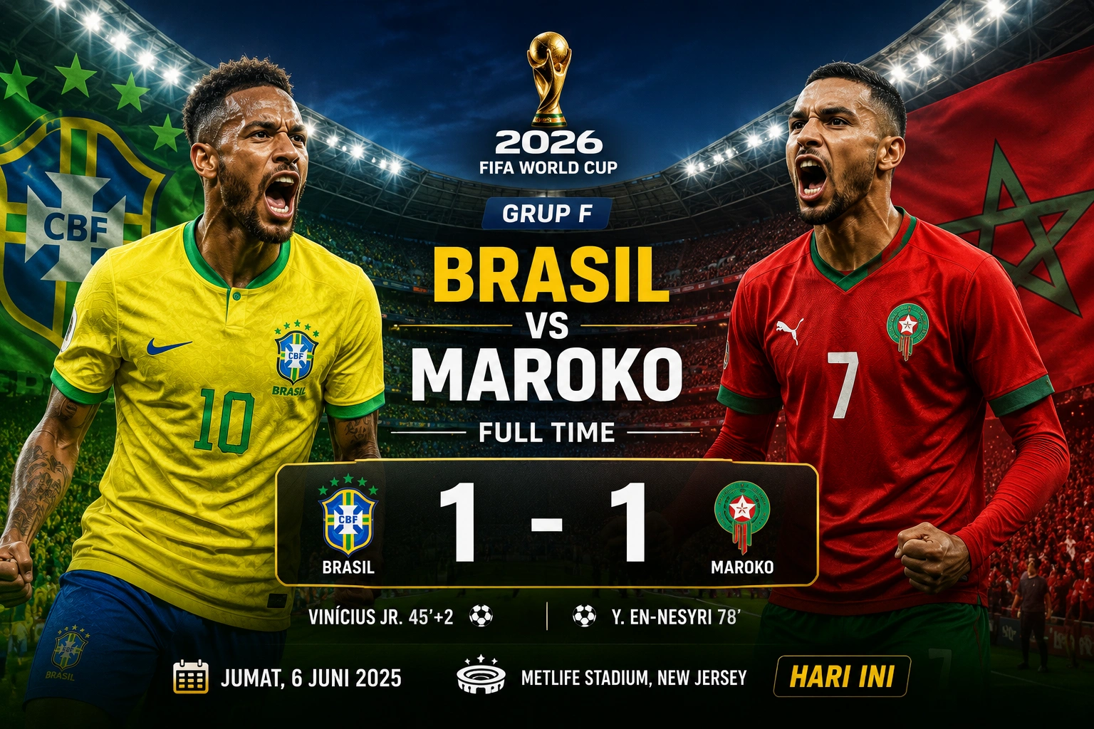 Hasil Brasil vs Maroko Piala Dunia 2026