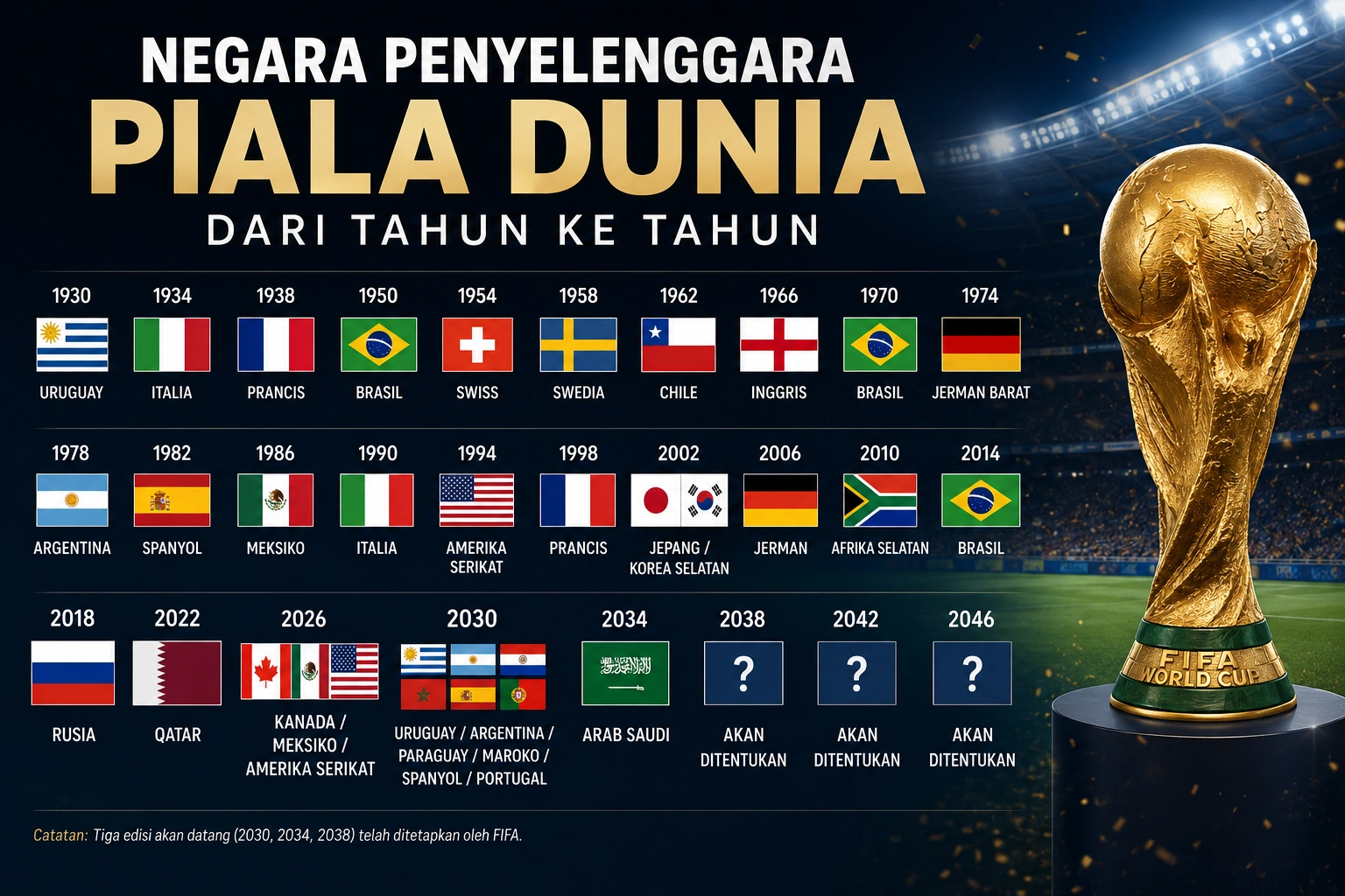 Negara Penyelenggara Piala Dunia dari Tahun ke Tahun Lengkap hingga 2026