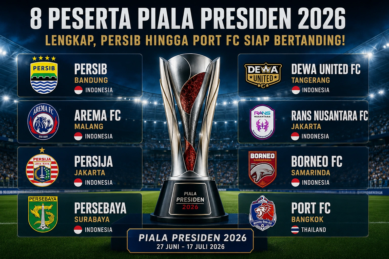 8 Peserta Piala Presiden 2026 Lengkap, Persib hingga Port FC Siap Bertanding