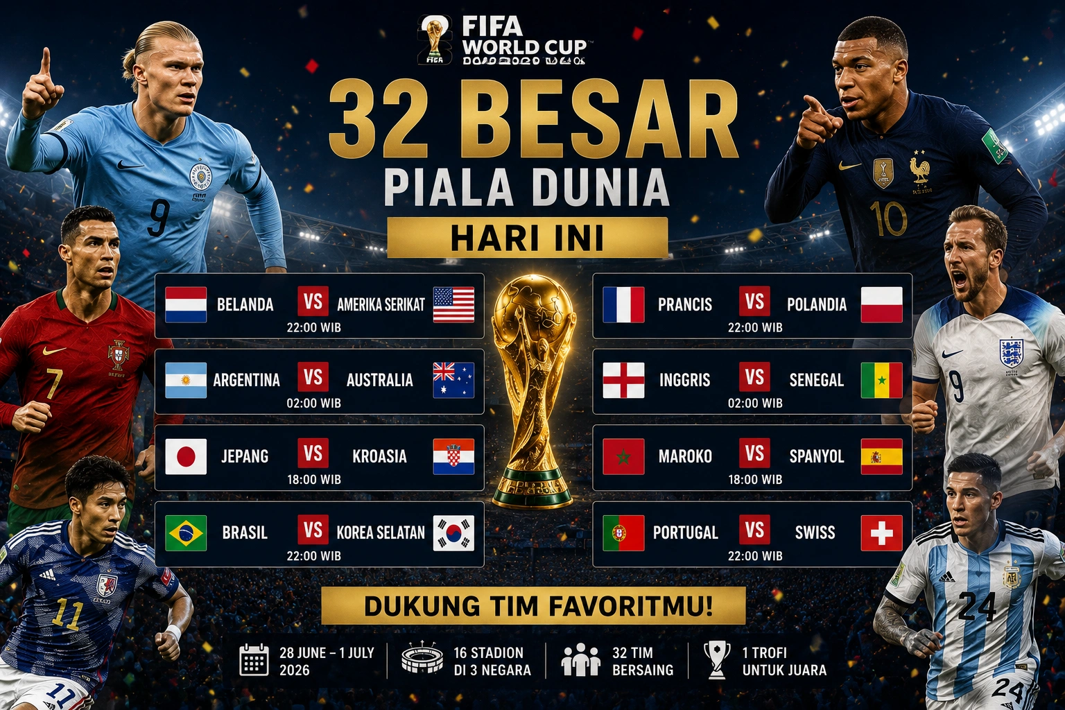 Hasil 32 Besar Piala Dunia Hari Ini 2026 Terbaru, Rekap Skor dan Daftar Tim Lolos