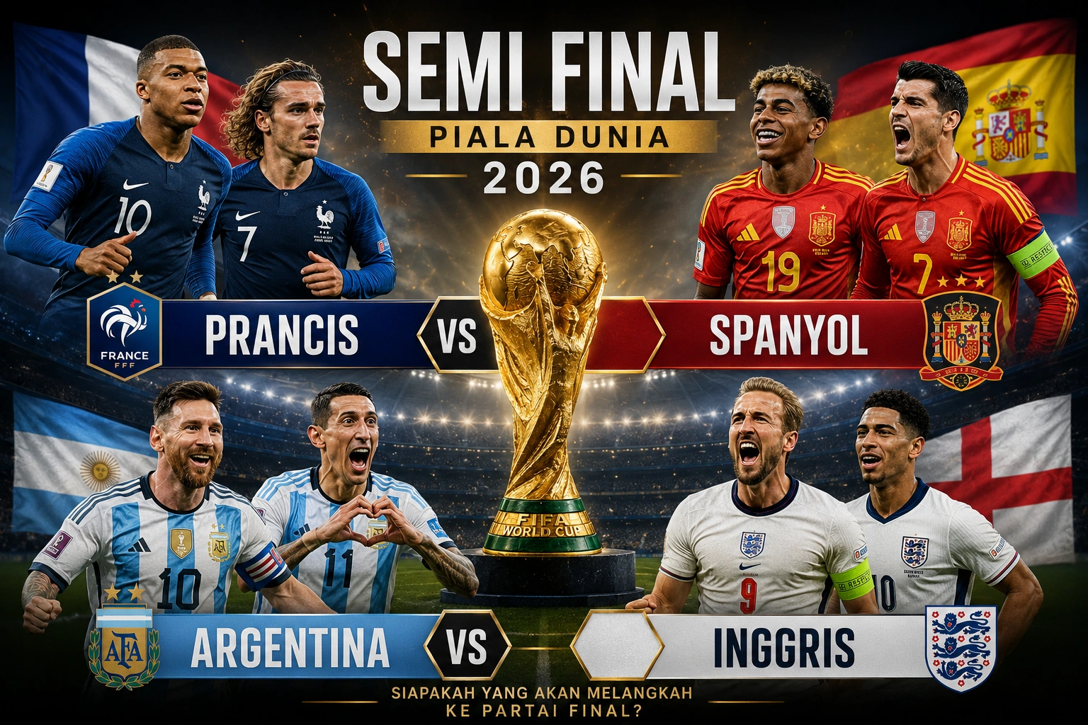 Jadwal Semifinal Piala Dunia 2026: Prancis vs Spanyol, Argentina vs Inggris