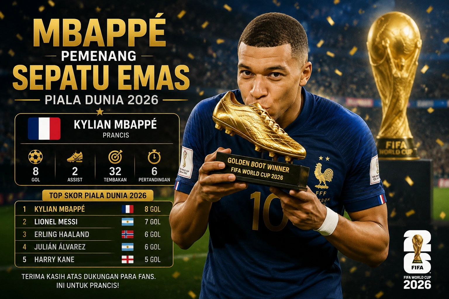 Pemenang Sepatu Emas Piala Dunia 2026 Resmi! Kylian Mbappé Jadi Top Skor